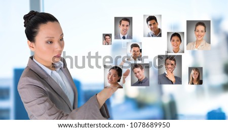 Businesswoman interacting and choosing a person from group of people interface