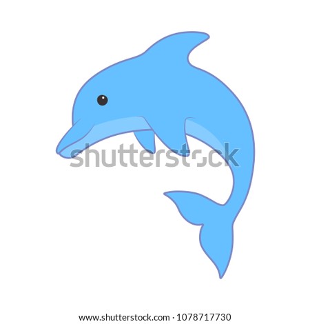 Jumping dolphin. Cute blue dolphin in cartoon style. Vector illustration for swimming pool brochure or banner. Isolated on white background.