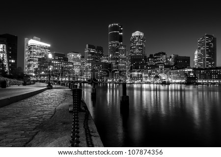 Boston Harbor at night in Black and White. Massachusetts, USA.