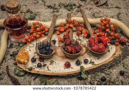 Alternative herbal medicine concept. Different wild berries in the wood spoon and other organic ingredients on sackcloth table surface.