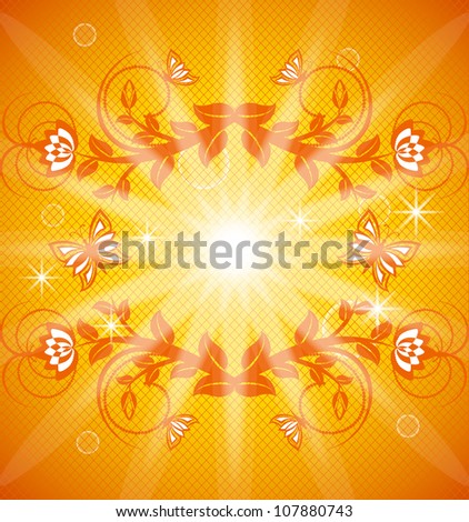 illustration of an orange floral background with ornament and butterfly.