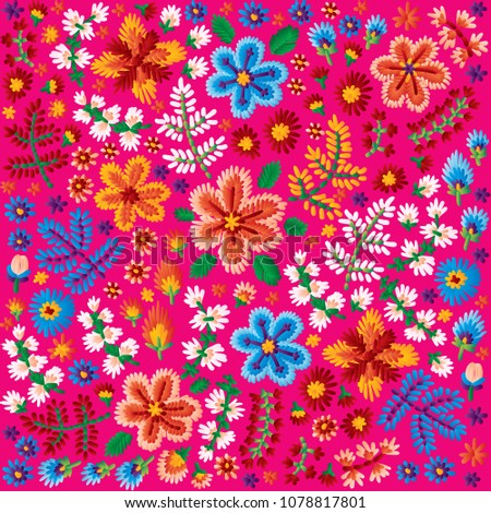 Vector decorative floral embroidery pattern, ornament for textile or interior decor. Bohemian handmade style background design.