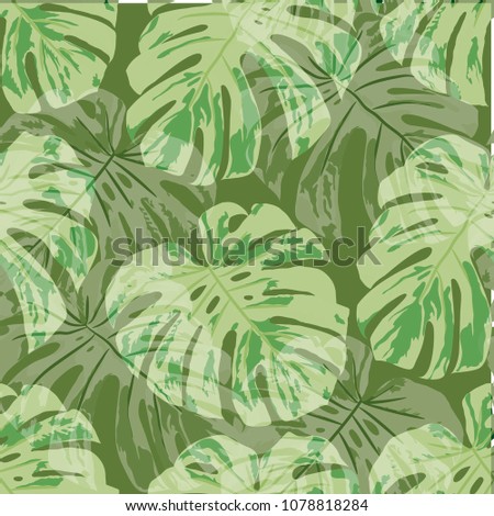 Tropical Pattern. Seamless Texture with Bright Hand Drawn Leaves of Exotic Tree. Bright Rapport for Paper, Cloth, Fabric. Vector Seamless Background with Tropic Plants. Watercolor Effect.