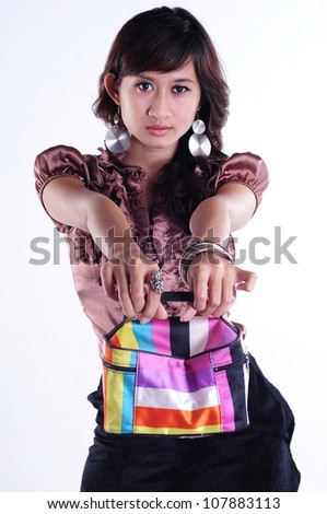 woman posing with a carry bag, isolated on white background 3