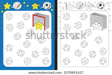 Preschool worksheet for practicing fine motor skills - tracing dashed lines of soccer balls 