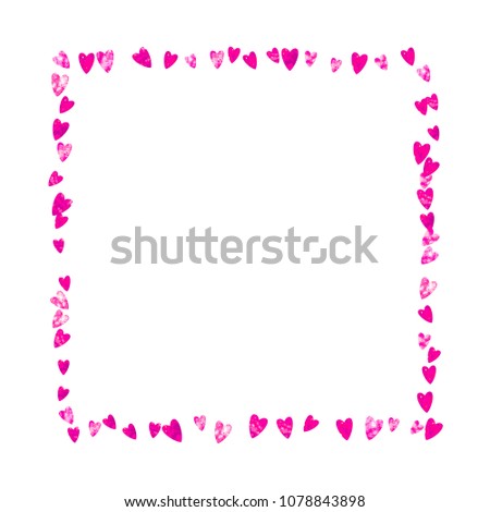 Mother's day background with pink glitter confetti. Isolated heart symbol in rose color. Postcard for mother's day. Love theme for flyer, special business offer, promo. Women holiday template
