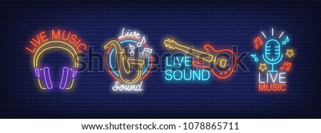 Live sound music neon signs collection. Neon sign, night bright advertisement, colorful signboard, light banner. Vector illustration in neon style. Royalty-Free Stock Photo #1078865711