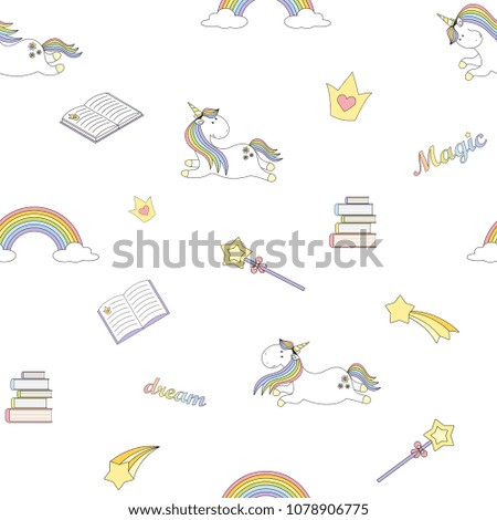 Magic cute unicorn reading Seamless Vector Pattern. Vector background