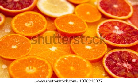 Background with slices of citrus fruits in dark key. Selective focus.