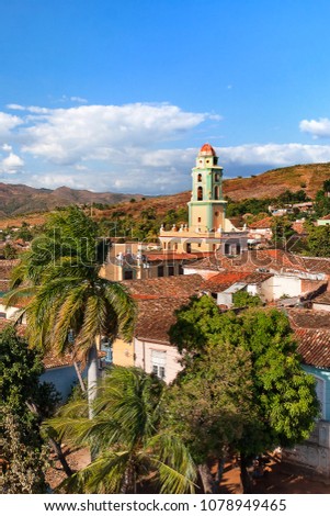 Colonial town cityscape of Trinidad, Cuba. Museo Nacional de la Lucha Contra Bandidos in Iglesia y Convento de San Francisco (Saint Francisco church). UNESCO World Heritage Site.