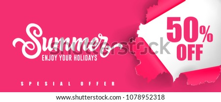 Summer Enjoy your holidays Fifty percent off lettering. Creative inscription with swirl elements on pink background. Handwritten text, calligraphy. Can be used for greeting cards, posters and leaflets