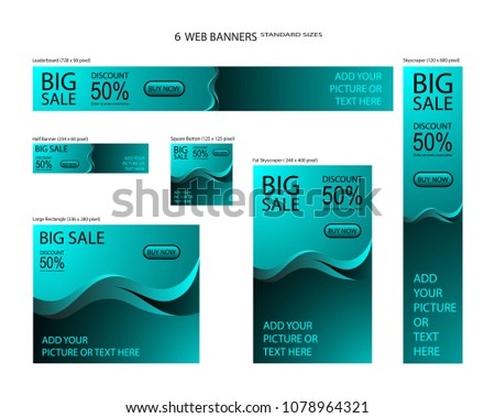 Six web banners standard sizes with space for photo. Leaderboard, Half banner, square button, large rectangle, fat skyscraper, skyscraper. Vector illustration. EPS 10