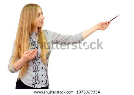 Indoor shot of amazed blonde woman has overjoyed expression, indicates with excited look aside, poses against white wall with blank copy space for your advertising content. Wow, that`s great!