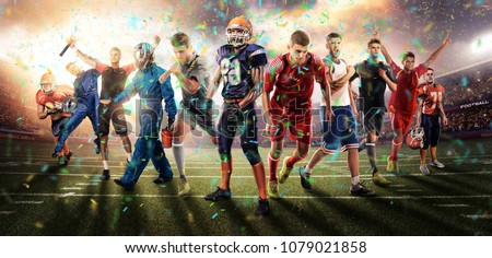 successful football, soccer, basketball, baseball, tennis players, cars, boxing fighters on professional 3D basketball court arena in lights with confetti, serpantine and smoke. collage, multi ,sport Royalty-Free Stock Photo #1079021858