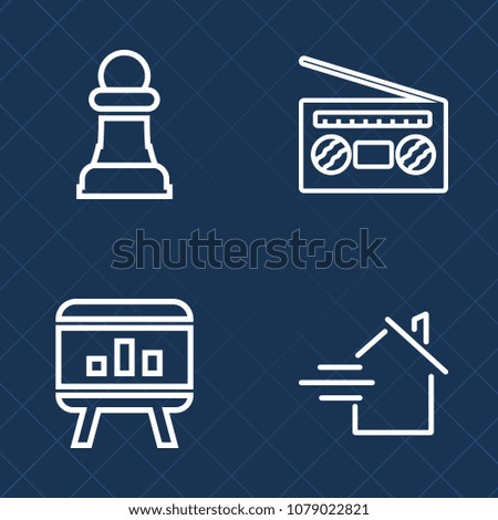Premium set of outline vector icons. Such as music, audio, concept, studio, home, knight, estate, horse, player, rent, chessboard, abstract, infographic, volume, black, play, sale, apartment, record