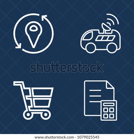 Premium set of outline vector icons. Such as shop, summer, car, commerce, white, trolley, currency, market, vehicle, investment, refresh, buy, satellite, bank, element, money, auto, cart, sign, sale
