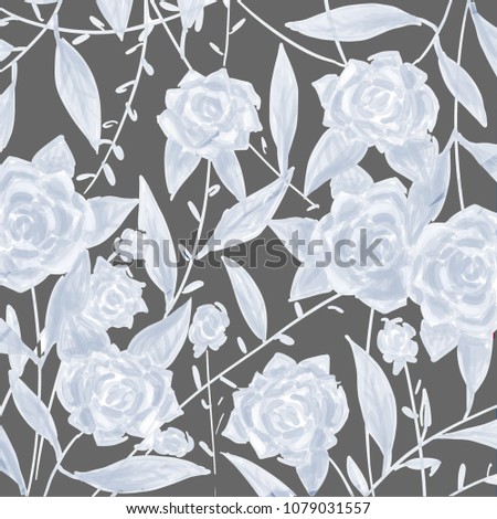 Illustration of White Roses on a Gray Background (Format 12x12 Inches for digital paper or scrapbooking)