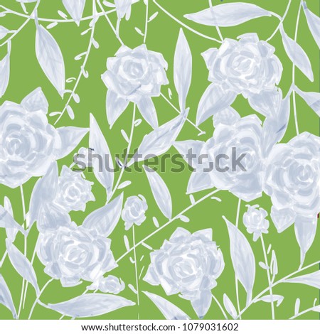 Illustration of White Roses on a Green Background (Format 12x12 Inches for digital paper or scrapbooking)