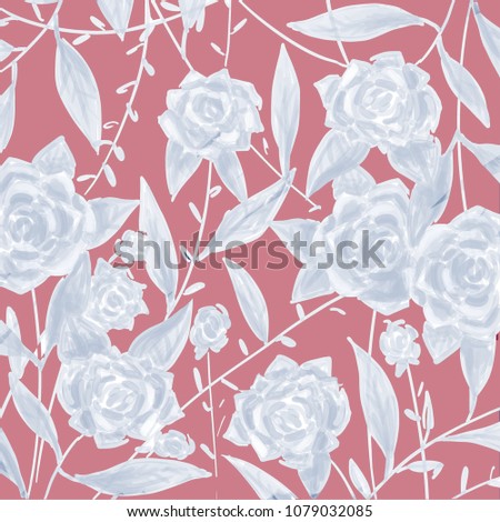 Illustration of White Roses on a Pink Background (Format 12x12 Inches for digital paper or scrapbooking)
