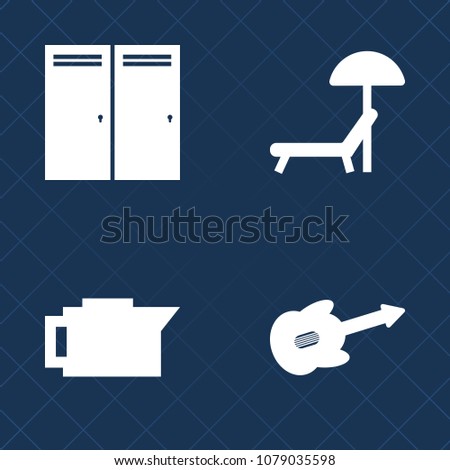 Premium set of fill vector icons. Such as sunbed, hot, chair, silhouette, relax, coffee, guitar, cappuccino, bean, drink, beach, umbrella, caffeine, travel, open, food, house, doorway, relaxation, cup
