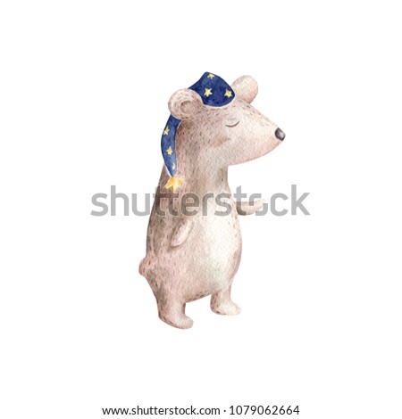 Bear Watercolor character auarelle drawing Sleeping bear Cute Animal greeting card Geometric illustration Painting clip art Bear in hat on white background