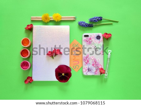 Bright Green Word Summer Flatlay Flowers with Mobile Phone Notebook Diary Paint