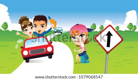 Portrait of a woman hitchhiking with a couple traveling in a car