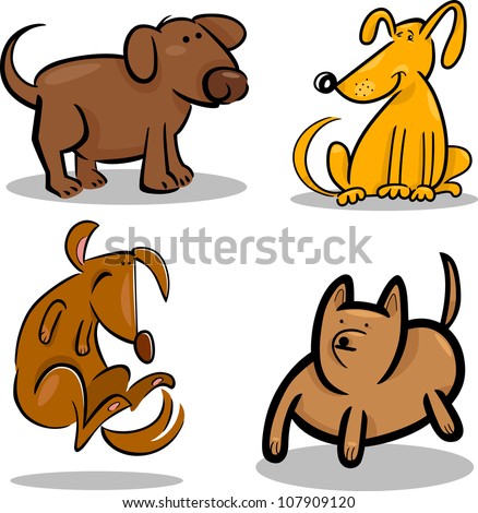 cartoon illustration of four cute dogs or puppies set