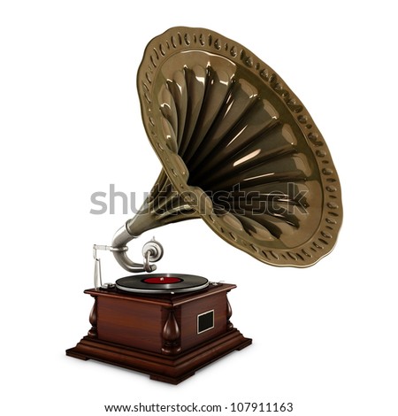 retro old gramophone with horn isolated on white with Clipping Path