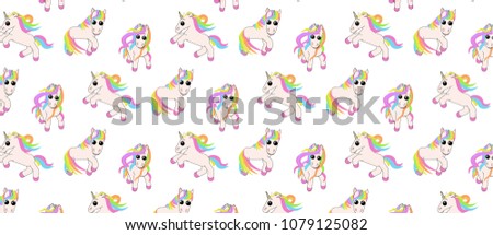 pattern with three kinds of unicorns in different poses with rainbow-colored hair