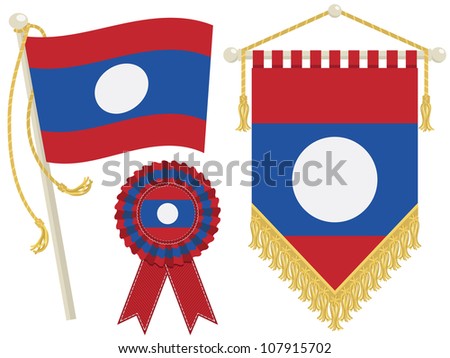 laos flag, rosette and pennant, isolated on white
