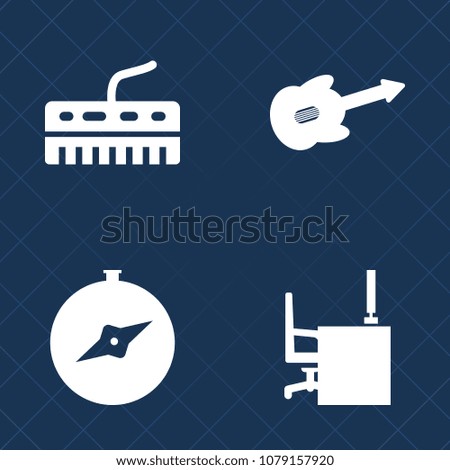 Premium set of fill vector icons. Such as music, direction, space, guitar, piano, background, play, east, song, table, adventure, south, black, acoustic, string, work, key, keyboard, computer, compass