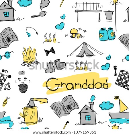 seamless texture of children's colored vector drawings depicting elements characterizing grandfather, many elements drawn carelessly by hand