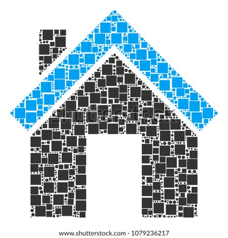 Home mosaic icon of square figures and spheric dots in various sizes. Vector items are composed into home illustration design concept.