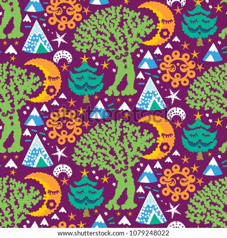 Seamless vector pattern from hand drawn cute forest creatures. Forest fairytale background in cartoon style. Decorative painted texture with cartoon deviers and houses.