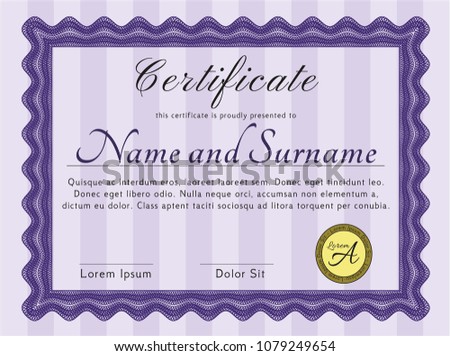  Violet Certificate diploma or award template. Lovely design. Customizable, Easy to edit and change colors. With guilloche pattern. 