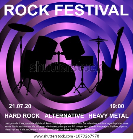 Rock Festival banner, poster. Silhouette drum set, electric guitar on purple abstract background. Vector Illustration