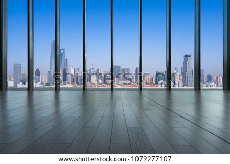 empty window with panoramic city skyline in shanghai china