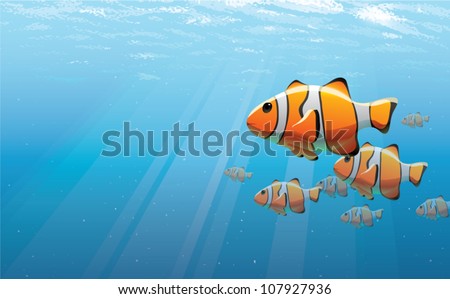 Realistic cartoon illustration of a school of clown fish, viewed just under the water's surface. Plenty of copy space.