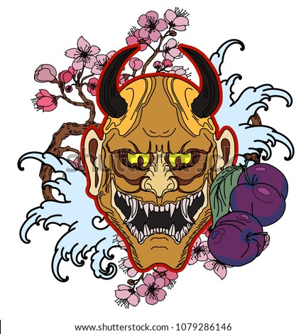 Japanese Demon's mask tattoo design full back body.The Oni mask with water splash and peony flower,cherry blossom and peach blossom on cloud background.