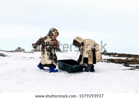 A resident of the tundra, indigenous residents of the Far North, tundra, open area, children ride on sledges, children  in national clothes