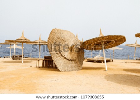 empty old beaches sunbeds umbrellas sand