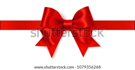 Beautiful red bow with horizontal red ribbon isolated on white background. Vector holiday decoration Royalty-Free Stock Photo #1079356268