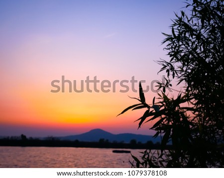 Colorful Sunset into the sea with the silhouette of an island,tree and mountain.