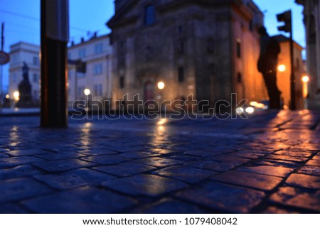 city cobblestone pavement illuminated by street lamps early in the morning