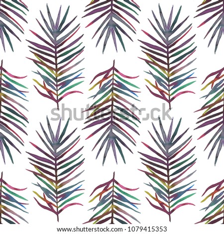 Seamless pattern with palm leaf isolated on white background. Abstract watercolor