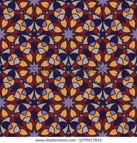 Abstract seamless backdrop. Design for prints, textile, decor, fabric. Round colorful texture in blue and red colors. Mandala flower background