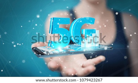Businesswoman on blurred background using 5G network with mobile phone 3D rendering