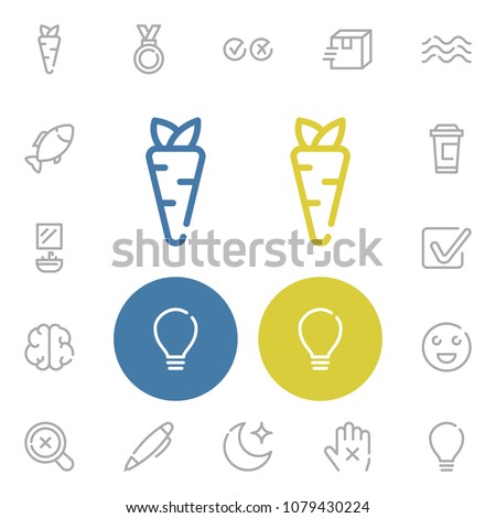 Moon icon with bulb, carrot and delivery symbols. Set of checkbox, select, medal icons and seafood concept. Editable vector elements for logo app UI design.