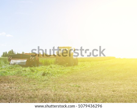 Agriculture. Tractor and mower. Farmer mows the grass for feeding cows